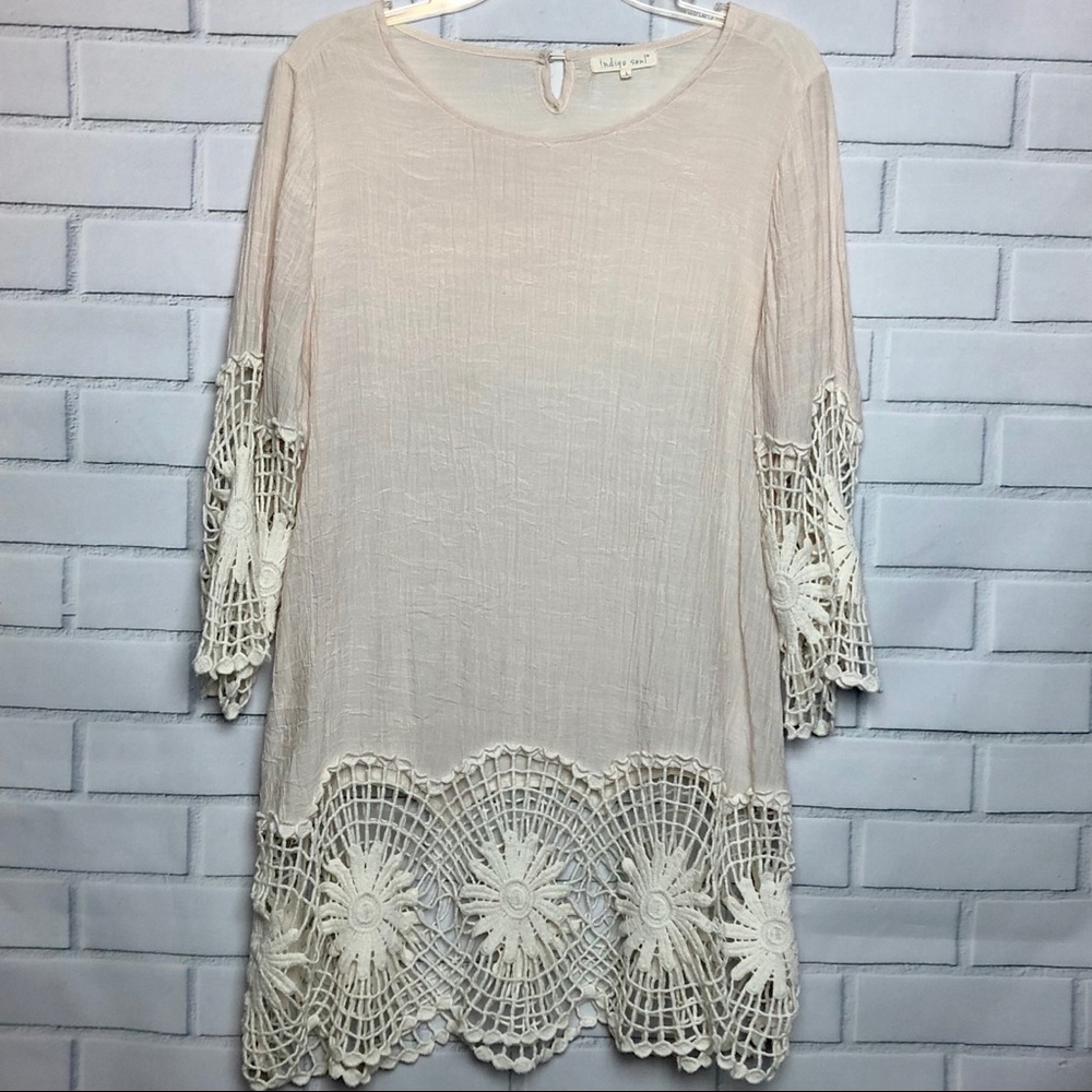 INDIGO SOUL Tunic/ Swim Cover Crochet Slv Cream Lg